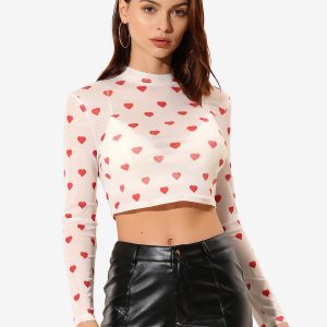 Semi-Sheer Sexy Heart Mesh Crop Top Long Sleeve Blouse White/XL - Allegra K catalog