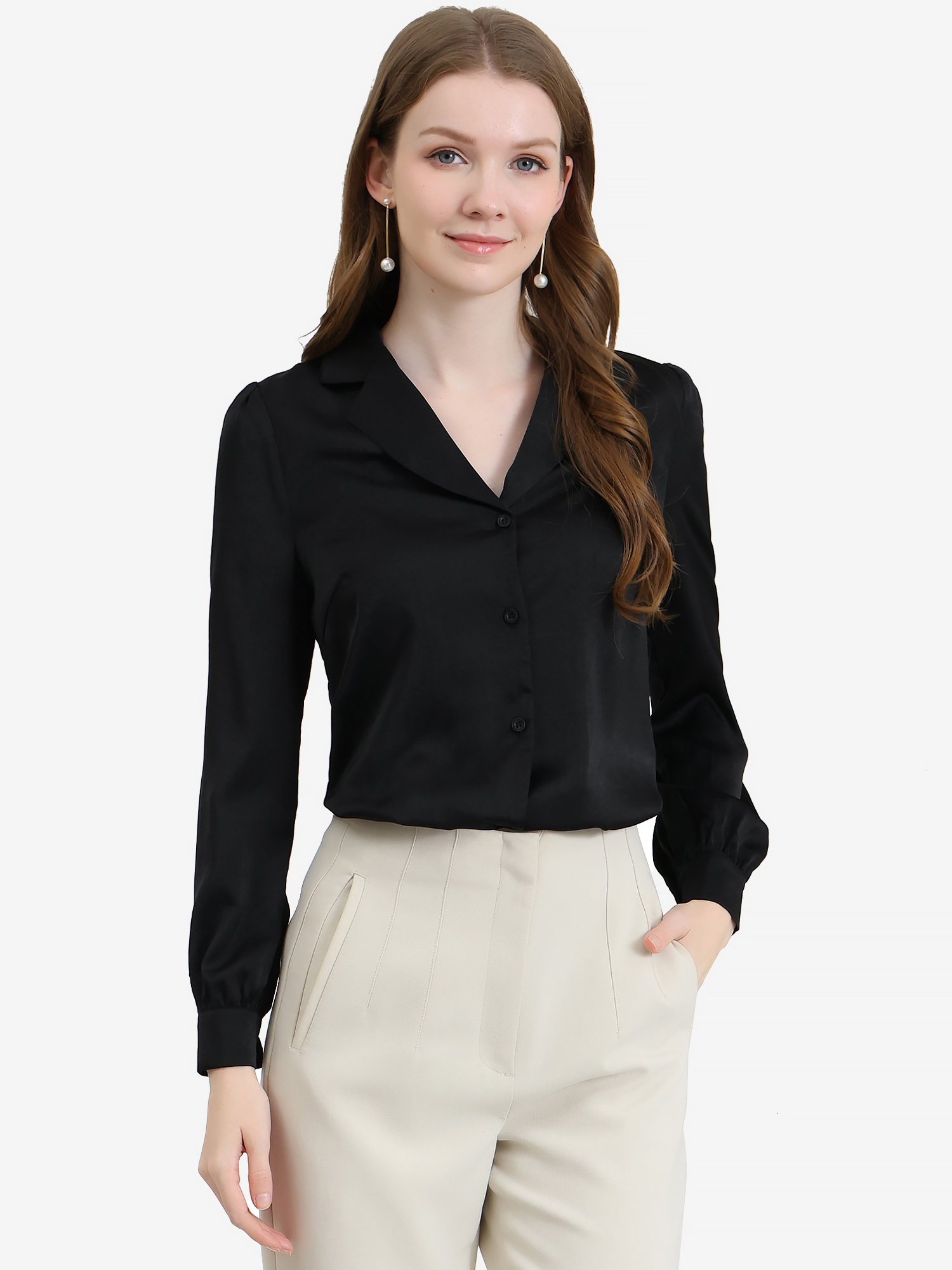 Elegant Collar Blouse Long Sleeve Work Office Satin Button Down Shirt Black/S - Allegra K catalog