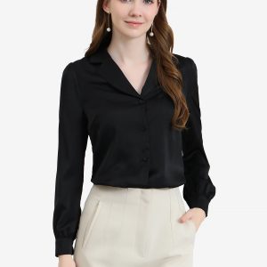 Elegant Collar Blouse Long Sleeve Work Office Satin Button Down Shirt Black/L - Allegra K catalog