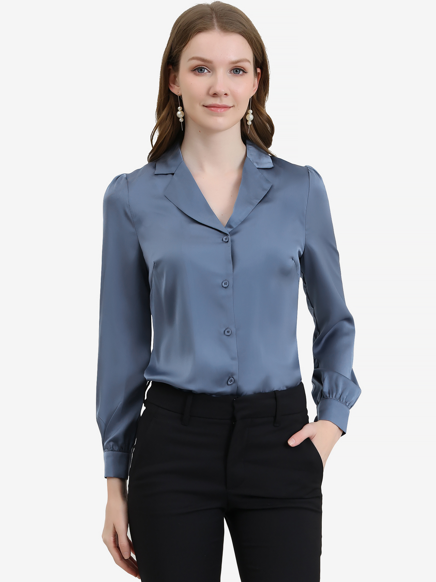Elegant Collar Blouse Long Sleeve Work Office Satin Button Down Shirt Grey Blue/S - Allegra K catalog