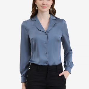 Elegant Collar Blouse Long Sleeve Work Office Satin Button Down Shirt Grey Blue/L - Allegra K catalog