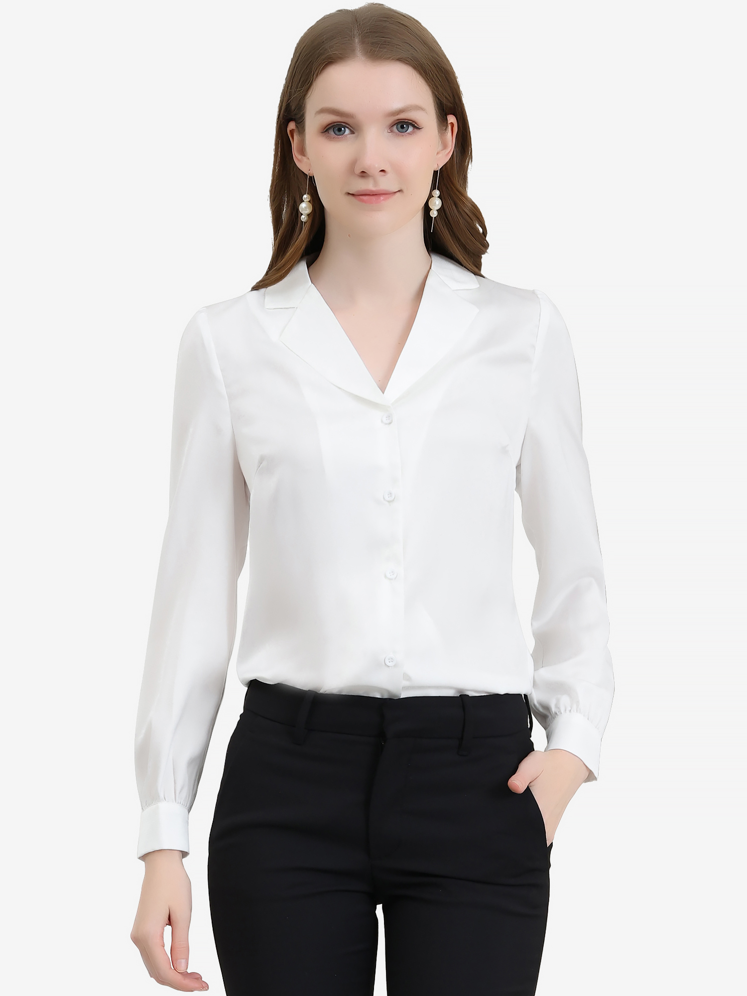 Elegant Collar Blouse Long Sleeve Work Office Satin Button Down Shirt White/L - Allegra K catalog