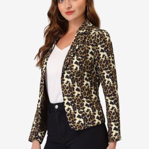 Business Casual Open Front Notch Lapel Plaid Suit Blazer Brown-Leopard/XS - Allegra K catalog