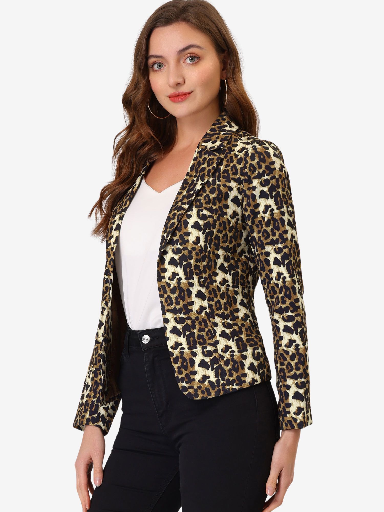 Business Casual Open Front Notch Lapel Plaid Suit Blazer Brown-Leopard/XS - Allegra K catalog