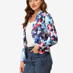Open Front Notch Lapel Floral Business Casual Suit Blazer Blue-Flower/XS - Allegra K catalog