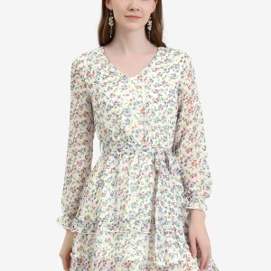 Long Sleeve V Neck Elastic Waist Ruffle Hem Chiffon Floral Dress Purple/XL - Allegra K catalog