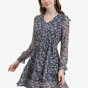 Long Sleeve V Neck Elastic Waist Ruffle Hem Chiffon Floral Dress Navy/XS - Allegra K catalog