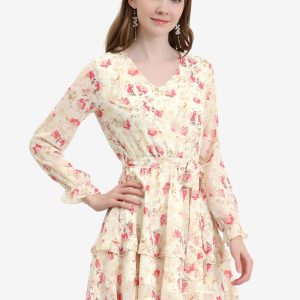 Long Sleeve V Neck Elastic Waist Ruffle Hem Chiffon Floral Dress White/M - Allegra K catalog
