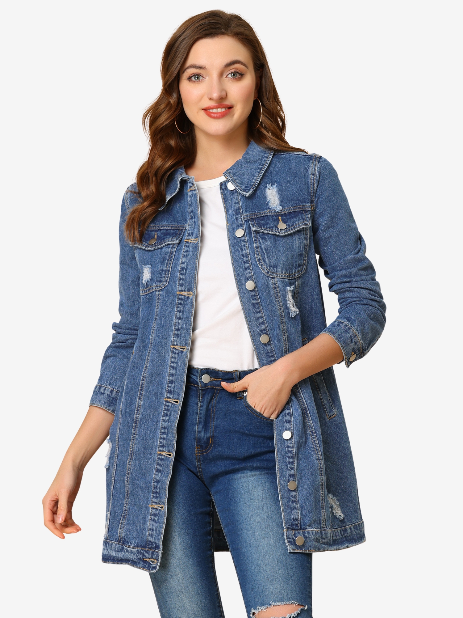 Distressed Long Sleeve Ripped Casual Denim Jacket Light Blue/M - Allegra K catalog