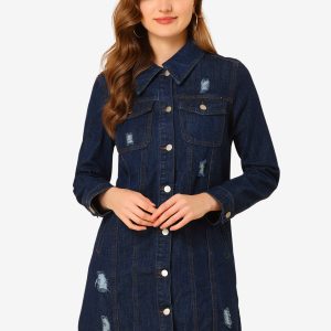 Distressed Long Sleeve Ripped Casual Denim Jacket Dark Blue/S - Allegra K catalog