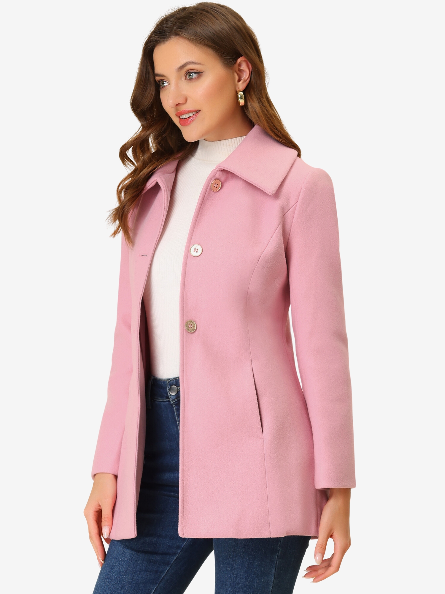Turn Down Collar Overcoat A-Line Single Breasted Winter Coat Pink/L - Allegra K catalog