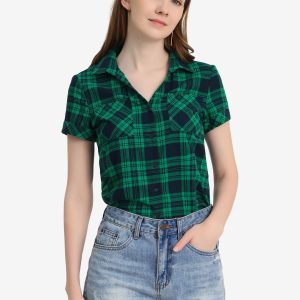 Cotton Classic Button Down Plaid Short Sleeve Shirt Blue Green/M - Allegra K catalog