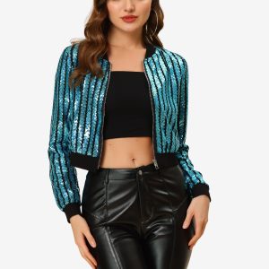 Metallic Sequin Shiny Zip Up Party Sparkly Crop Bomber Jacket Blue/S - Allegra K catalog