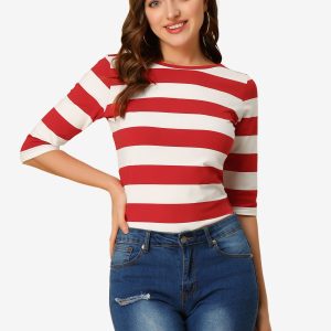 3/4 Sleeve Round Neck Casual Striped T-Shirt Red/M - Allegra K catalog