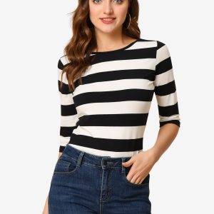3/4 Sleeve Round Neck Casual Striped T-Shirt Blacks/L - Allegra K catalog