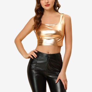 Sleeveless U Neck Party Holographic Shiny Metallic Crop Top Rose Gold/XL - Allegra K catalog