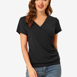 Wrap V Neck Short Sleeve Button Decor Ruched Top Black/XS - Allegra K catalog