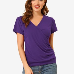Wrap V Neck Short Sleeve Button Decor Ruched Top Purple/M - Allegra K catalog