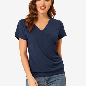 Wrap V Neck Short Sleeve Button Decor Ruched Top Navy Blue/L - Allegra K catalog