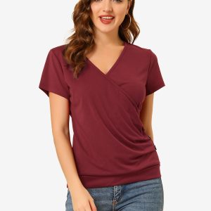 Wrap V Neck Short Sleeve Button Decor Ruched Top Burgundy/XS - Allegra K catalog