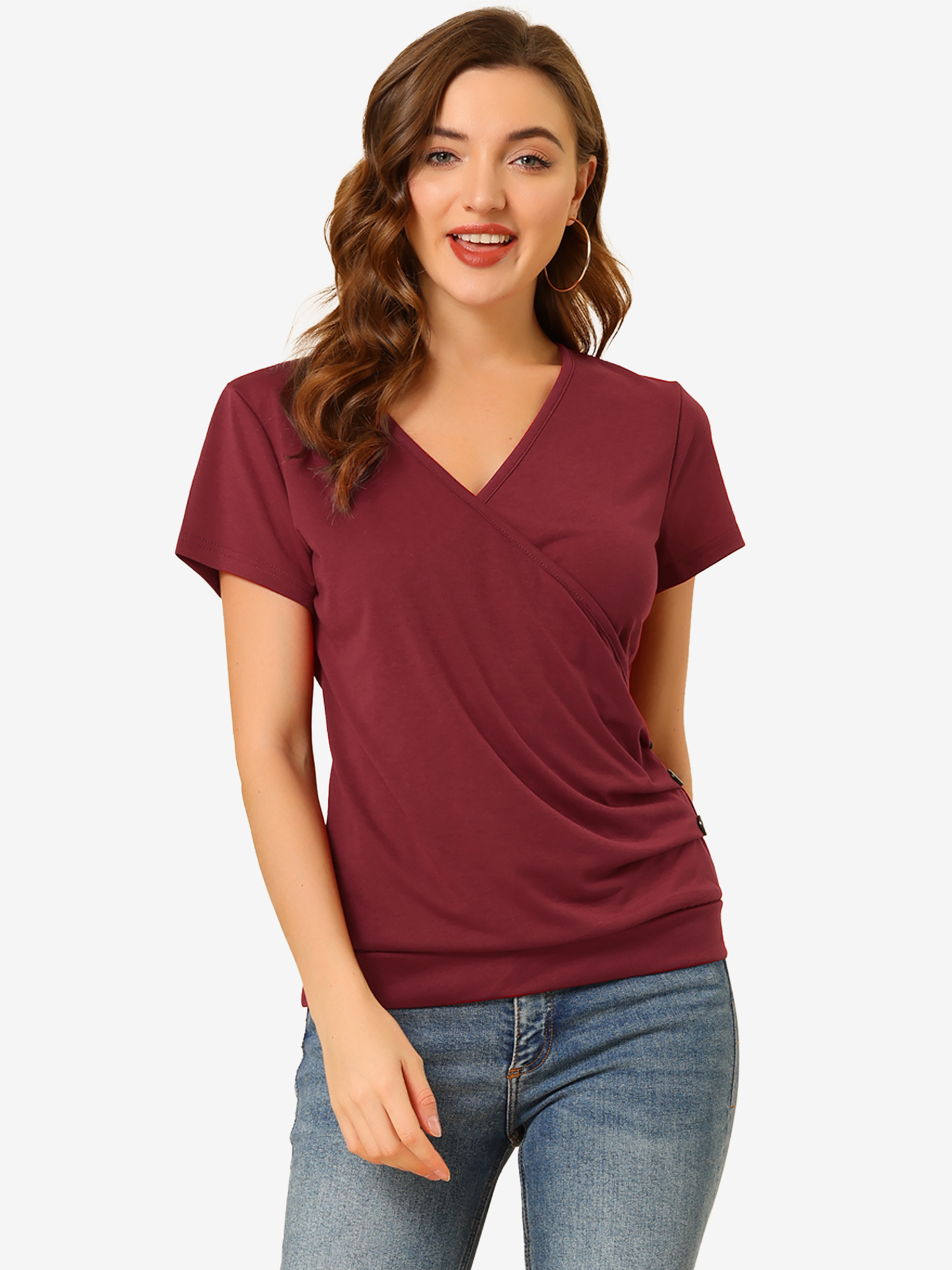 Wrap V Neck Short Sleeve Button Decor Ruched Top Burgundy/S - Allegra K catalog