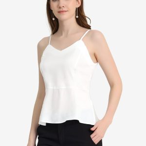 Satin Camisole V Neck Spaghetti Strap Peplum Blouse Tank Tops White/S - Allegra K catalog