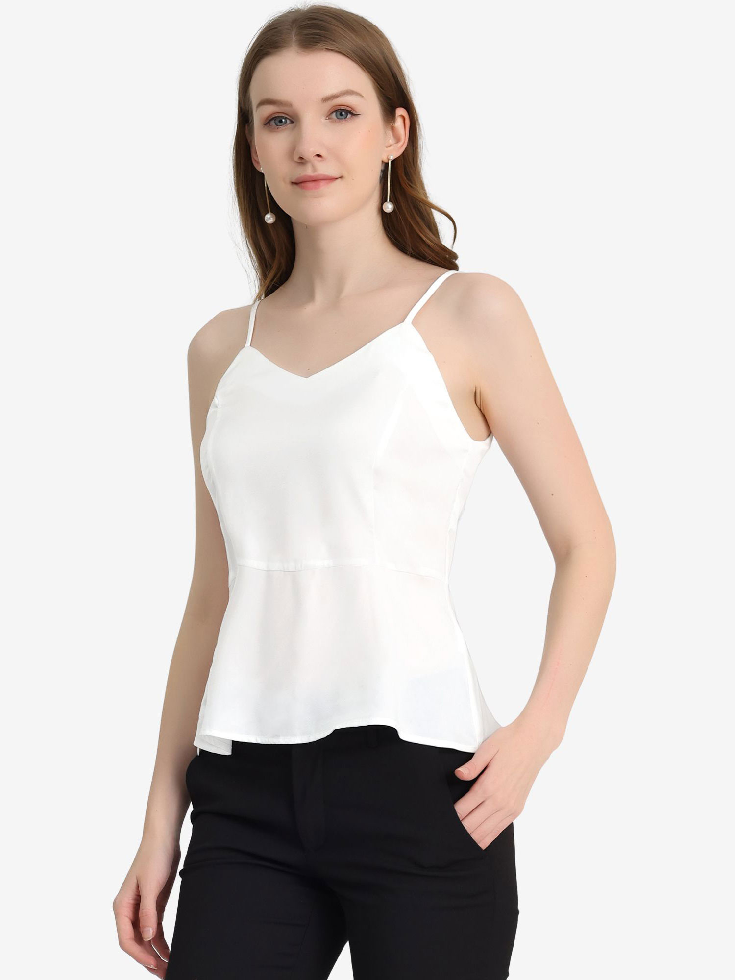Satin Camisole V Neck Spaghetti Strap Peplum Blouse Tank Tops White/S - Allegra K catalog