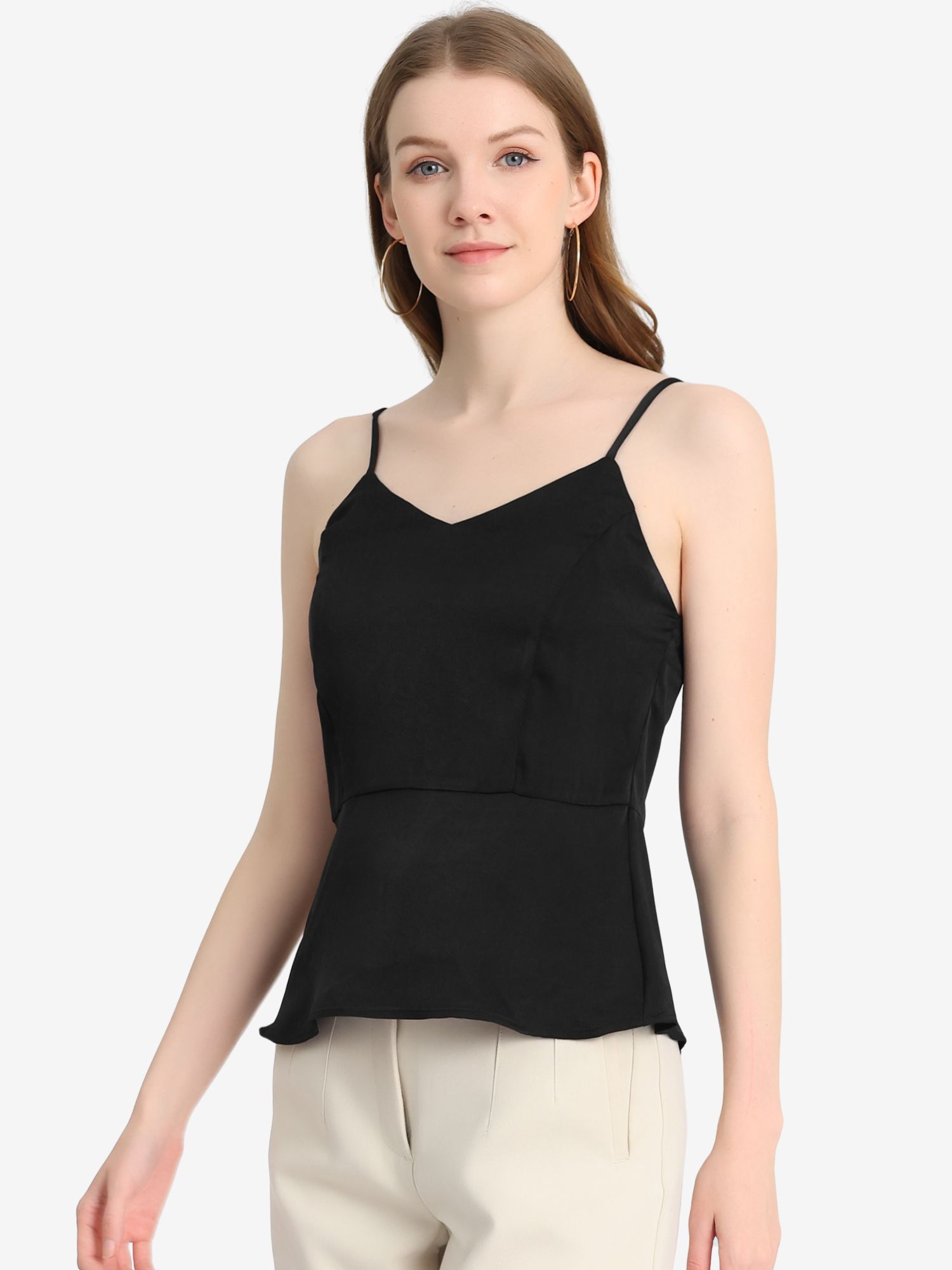 Satin Camisole V Neck Spaghetti Strap Peplum Blouse Tank Tops Black/M - Allegra K catalog