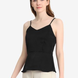 Satin Camisole V Neck Spaghetti Strap Peplum Blouse Tank Tops Black/XL - Allegra K catalog