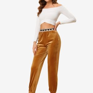 Casual Elastic Waist Athleisure Ankle Length Velvet Joggers Pants Brown/M - Allegra K catalog