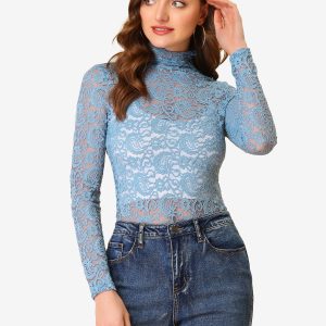 See Through Long Sleeve Turtleneck Sheer Floral Lace Blouse Dusty Blue/L - Allegra K catalog
