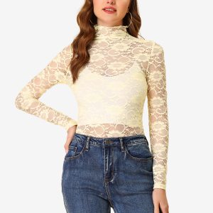 See Through Long Sleeve Turtleneck Sheer Floral Lace Blouse Beige/XS - Allegra K catalog