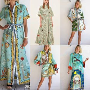New Shirt Dresses For Woman Fashion Graffiti Printed Summer Dress Casual Slim Fit Linen Blend Skirt Outfits