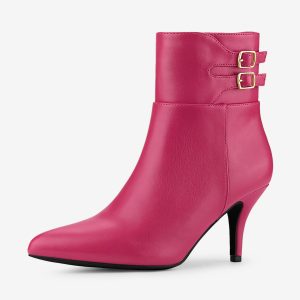Pointed Toe Buckle Stiletto Heel Ankle Boots Hot Pink/5.5 - Allegra K catalog
