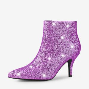 Glitter Pointed Toe Kitten Heel Zipper Ankle Boots Purple/6 - Allegra K catalog