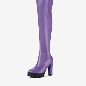 Platform Chunky Heel Over Knee High Side Zipper Boots Purple/7 - Allegra K catalog