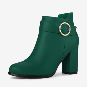 Round Toe Circle Buckle Chunky Heel Ankle Boots Green/7.5 - Allegra K catalog