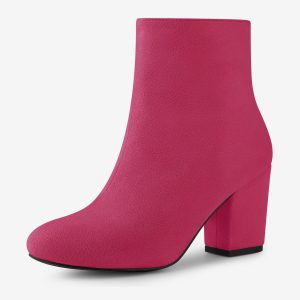 Faux Suede Round Toe Block Heel Zipper Ankle Boots Hot Pink/9 - Allegra K catalog