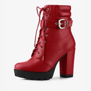Lace Up Belt Decor Platform Block Heel Combat Ankle Boots Red/6.5 - Allegra K catalog