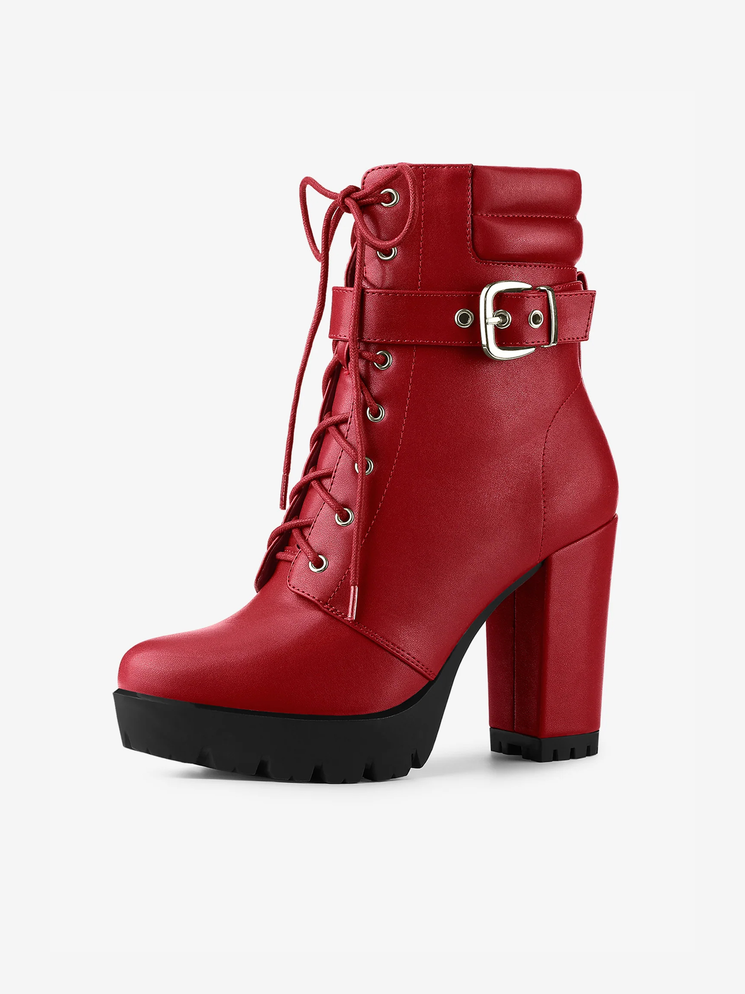 Lace Up Belt Decor Platform Block Heel Combat Ankle Boots Red/8 - Allegra K catalog