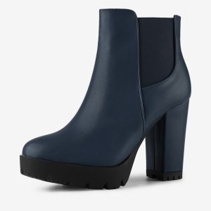 Round Toe Zipper Block Heel Platform Ankle Boots Navy Blue/9.5 - Allegra K catalog