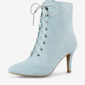 Pointy Toe Zip Lace Up Stiletto Heel Ankle Boots Sky Blue/9.5 - Allegra K catalog