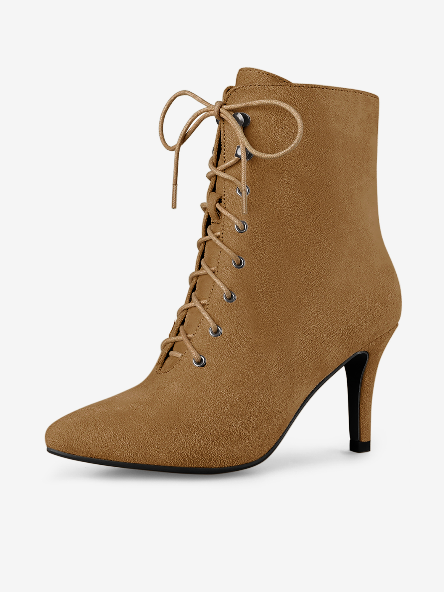 Pointy Toe Zip Lace Up Stiletto Heel Ankle Boots Brown/5.5 - Allegra K catalog