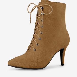 Pointy Toe Zip Lace Up Stiletto Heel Ankle Boots Brown/8 - Allegra K catalog