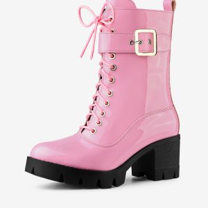 Zip Platform Chunky Heel Combat Boots Pink/6 - Allegra K catalog