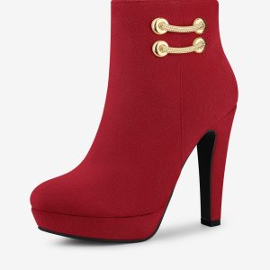 Round Toe Chunky High Heel Platform Ankle Boots Red/10 - Allegra K catalog