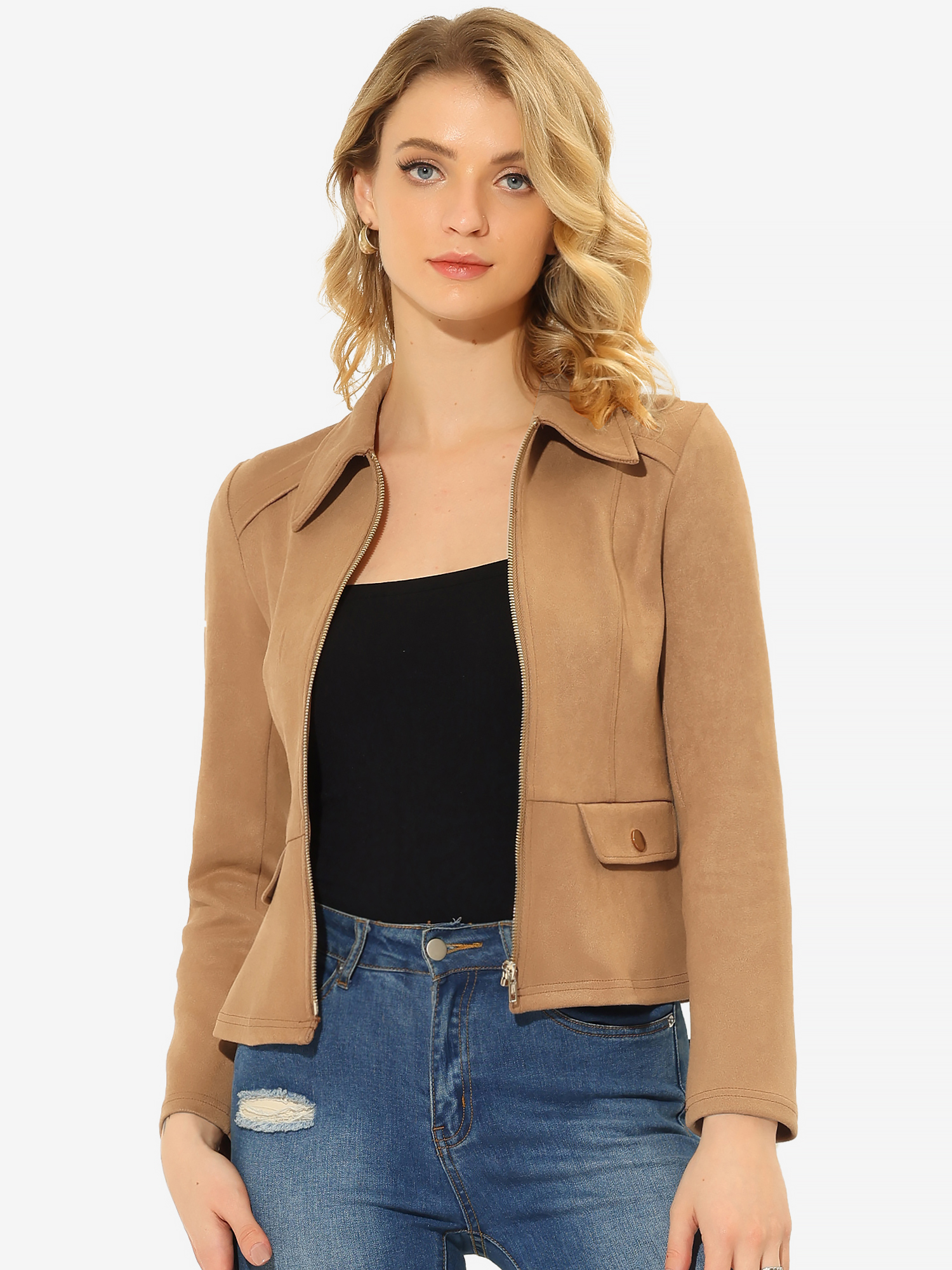 Faux Suede Jacket Short Zip Up Motorcycle Biker Coat Brown/M - Allegra K catalog