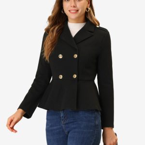 Double Breasted Pea Coat Notched Lapel Blazer Peplum Jacket Black/XS - Allegra K catalog