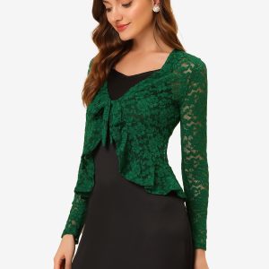 Floral Lace Tie Front Ruffled Hem Sheer Crop Bolero Shrug Dark Green/S - Allegra K catalog