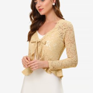 Floral Lace Tie Front Ruffled Hem Sheer Crop Bolero Shrug Beige/XS - Allegra K catalog